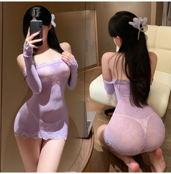 FEE ET MOI - Sleeved Strapless Sheer Mesh Bodycon Dress (Light Purple) FEE ET MOI - Sleeved Strapless Sheer Mesh Bodycon Dress (Light Purple)
